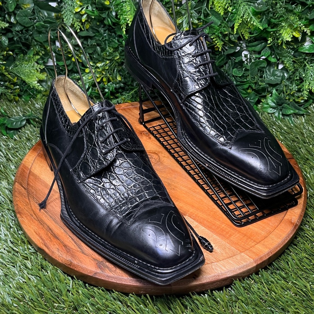 Mezlan Mens Shoes 14 M Black Leather Crocodile Embossed Square Toe Oxfords Spain